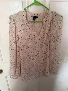 Hilary Radley Cream Blouse with Black Dot Print V-Neck